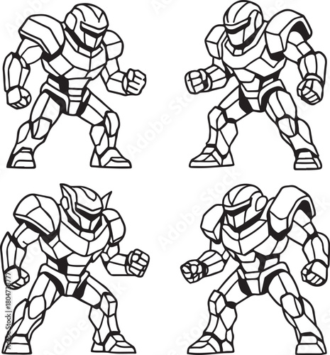 armored robots in dynamic battle-ready poses black and white vector.eps