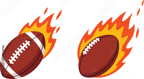 Flaming American footballs vector illustration set, burning sports ball graphic, dynamic speed fire symbol icon, championship logo design