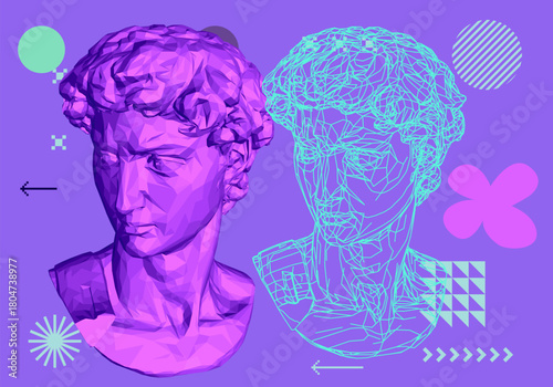 Vector illustration features a low-poly bust and a wireframe outline of a classical statue, using vibrant purple, blue, and mint green tones. The vaporwave-inspired design is modern and abstract.