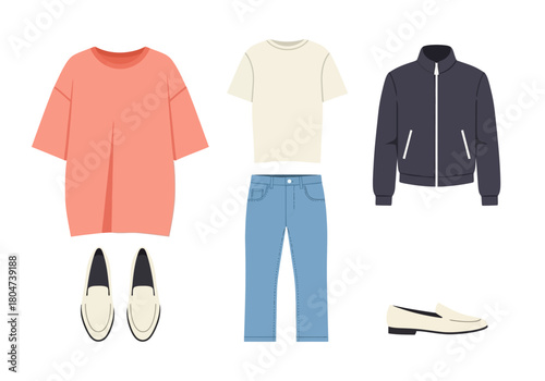 Outfit with Peach Sweater White Tee Jeans Jacket and Loafers.