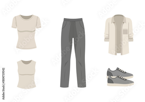 Casual Outfit Set Tshirts Pants Jacket and Sneakers.