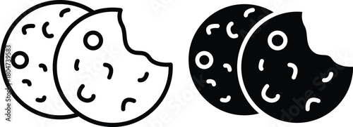 Delicious Chocolate Chip Cookies Whole And Bitten Sweet Snack Vector Silhouette and Pictogram..eps