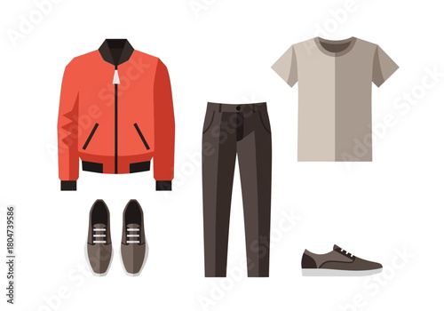Outfit with Orange Jacket Gray TShirt and Sneakers.