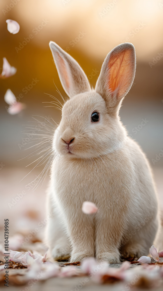 Obraz premium Adorable bunny amongst falling flower petals captured in gentle breeze