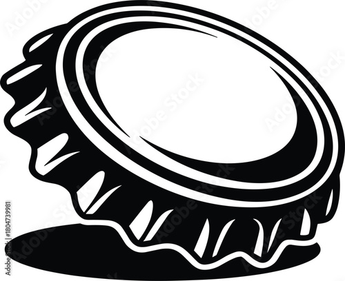 Metal bottle cap black and white vector illustration, beer or soda packaging accessory icon, simple drink container graphic design element