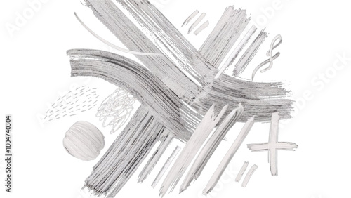 Abstract Grey Brush Strokes and Shapes on White Background
