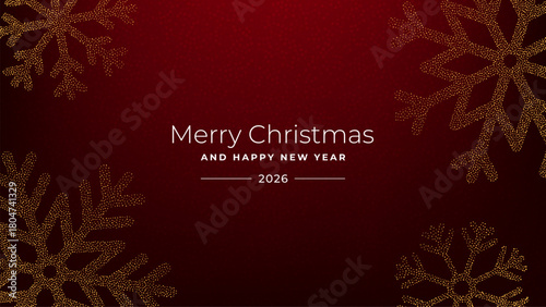 Merry Christmas and Happy New Year 2026 greeting card with golden snowflake decoration on a dark red background for holiday celebration.