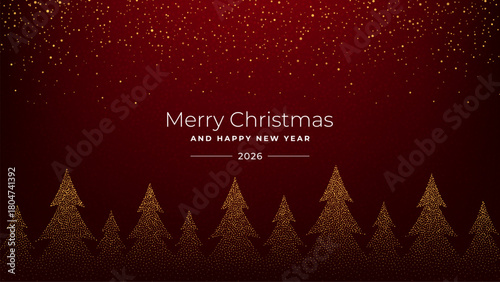 Merry Christmas and Happy New Year 2026 greeting card with golden glitter dots forming trees on a dark red background for holiday celebration.