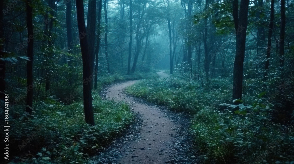 Fototapeta premium Curving path cuts through a dense, misty forest under a diffused, bluish light