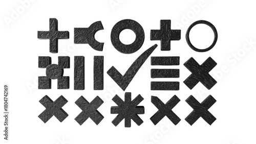 Black Textured 3D Geometric Symbols on White Background