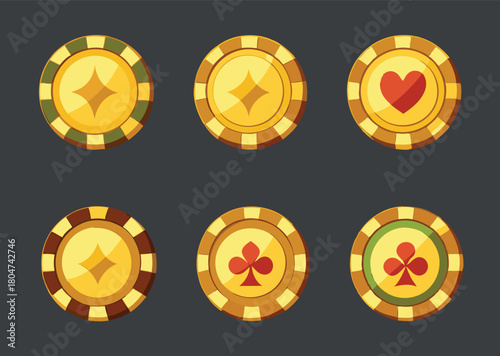 Collection of Cartoon Casino Chips with Four Card Suits Icons Displayed