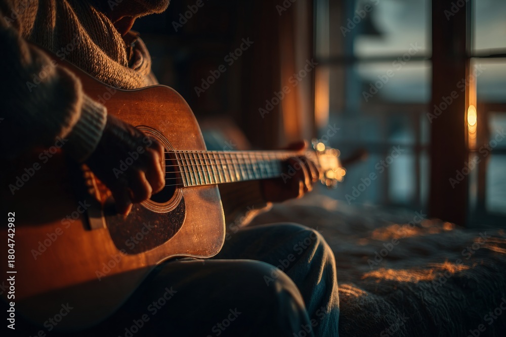 Fototapeta premium Person playing acoustic guitar at home, enjoying warm light and tranquil music