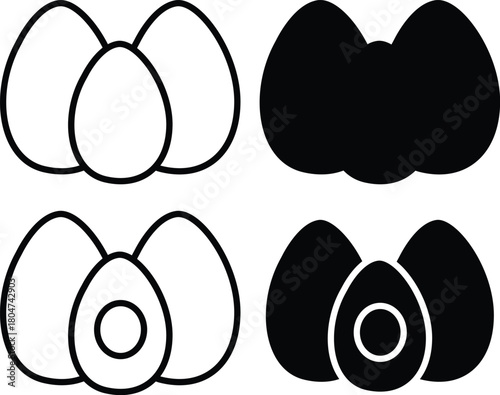 Whole And Halved Eggs With Yolk Breakfast Food Outline Vector Silhouette and Pictogram..eps