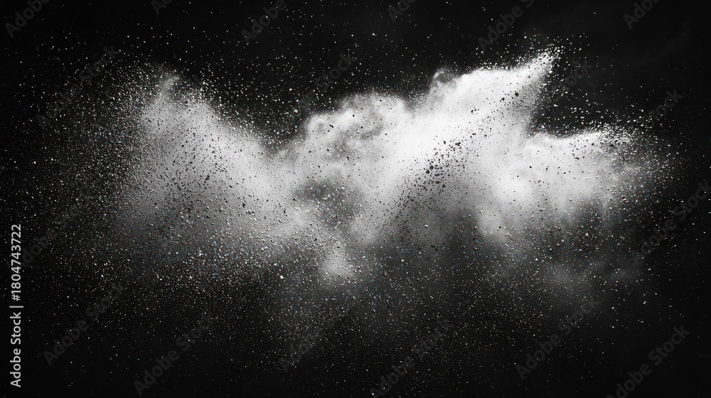Fototapeta premium Exploding cloud of white powder, dust, or fine particles on black background