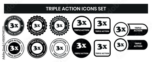 Triple Action - vector label for packaging label design. Triple Action sign, logo, badge, icon, sticker, label, emblem, stamp, symbol, black, line, flat vector, isolated illustration. 