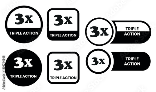 Triple Action - vector label for packaging label design. Triple Action sign, logo, badge, icon, sticker, label, emblem, stamp, symbol, black, line, flat vector, isolated illustration. 