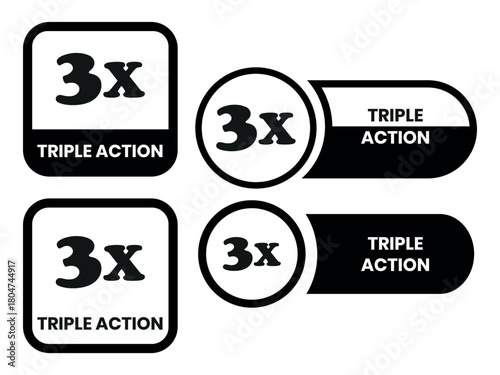 Triple Action - vector label for packaging label design. Triple Action sign, logo, badge, icon, sticker, label, emblem, stamp, symbol, black, line, flat vector, isolated illustration. 