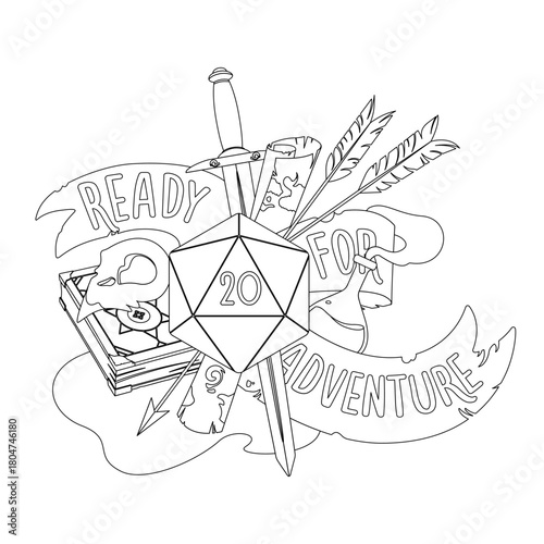Vector linear illustration on the theme of role-playing board games. A twenty-sided dice, a sword, a magic potion, a spell book, a bird skull, and arrows. The text "Ready for Adventure".
