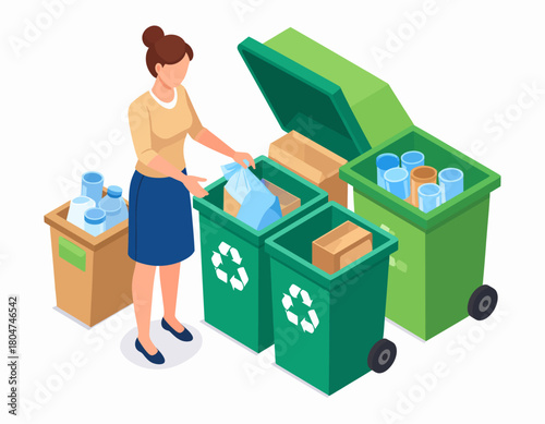 Woman sorting recyclables into separate bins for plastic, cardboard, and glass, promoting environmental awareness and waste management.