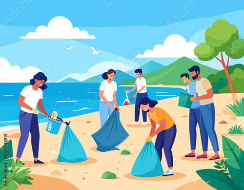 Volunteers cleaning up trash on a sandy beach near the ocean, with mountains and trees in the background, under a sunny sky with fluffy clouds.