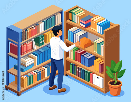 Isometric illustration of a man placing a book on a bookshelf in a library or home, with a plant in a pot nearby.