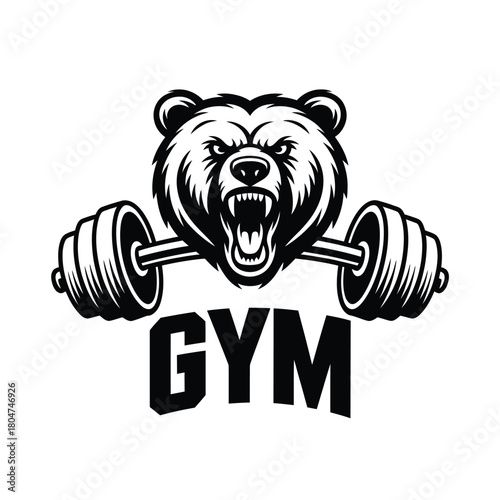 Fierce bear head with barbell and gym text logo