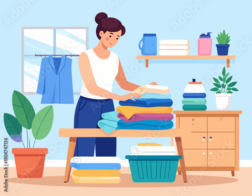 Woman folding clean laundry on a table in a bright, organized room, with plants and shelves in the background, creating a domestic scene.