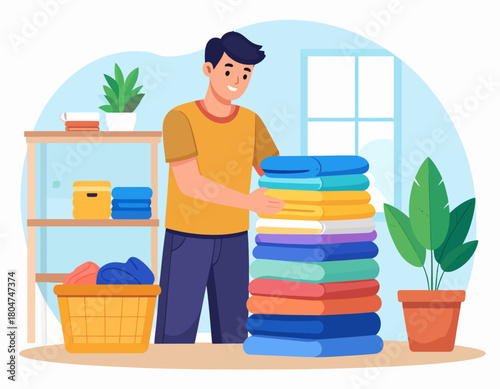 A smiling man is folding a large stack of colorful, freshly laundered towels in a bright, tidy room.