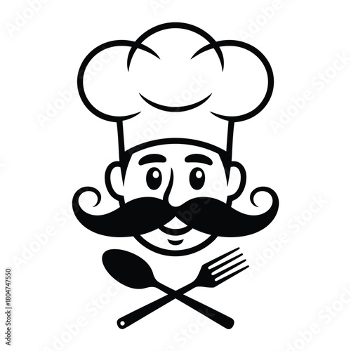 Cartoon chef with mustache and crossed utensils