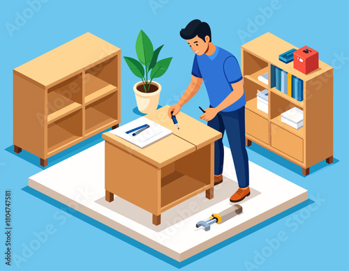 Isometric illustration of a man assembling furniture, using tools and blueprints on a table, with shelves and a plant nearby.