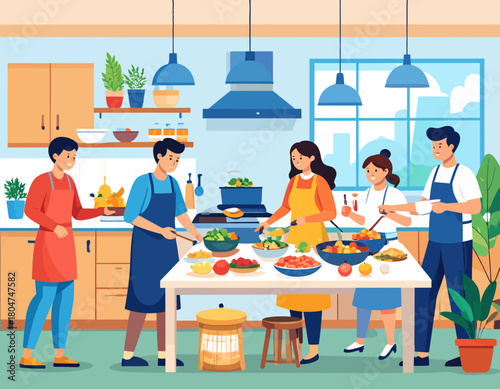 A group of five people are cooking together in a bright, modern kitchen, preparing various dishes on a large table.