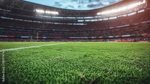 Green football field in crowded stadium under cloudy sky