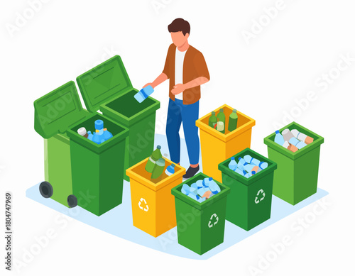 Man sorting recyclable materials into different colored bins, including plastic bottles, glass, and other waste, promoting environmental responsibility.