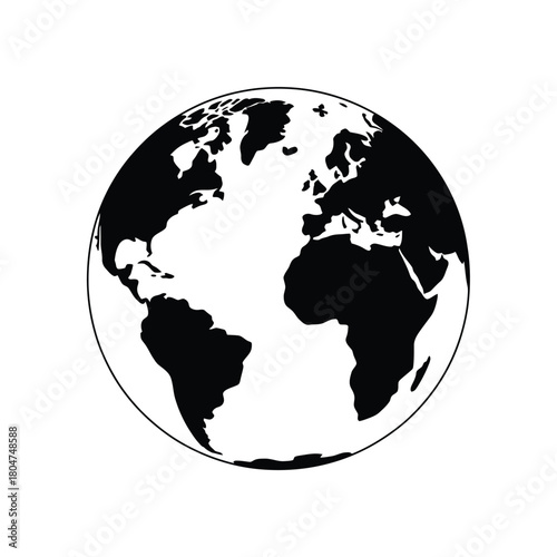 Black and white illustration of planet earth globe