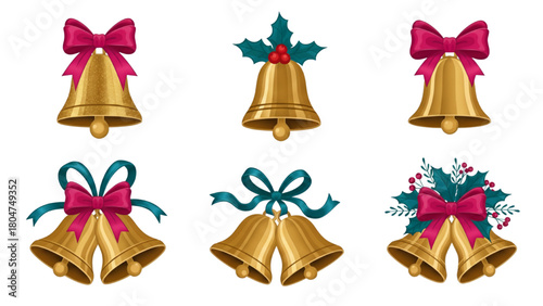 Vector set of golden Christmas bells with red ribbons, bows, holly berries, and winter foliage. Isolated holiday decoration collection.