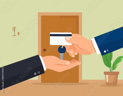 Hands exchanging a key with a credit card attached in front of a door, symbolizing property rental or purchase.
