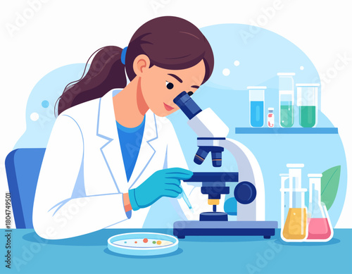 A female scientist in a lab coat examines a sample through a microscope, with test tubes and a petri dish nearby.