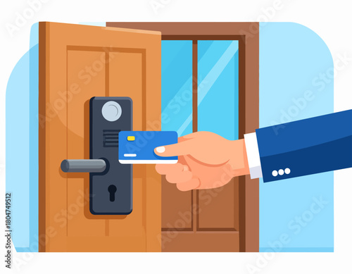 A hand inserts a blue keycard into the electronic lock of a partially open wooden door.