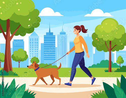 A woman walks her brown dog on a leash in a park, with city skyscrapers visible in the background under a bright blue sky.