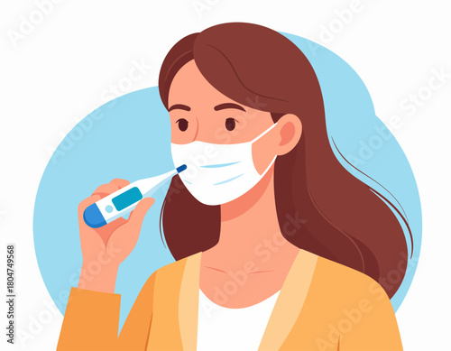 Woman wearing a surgical mask holds a digital thermometer near her mouth, possibly checking for fever during illness.