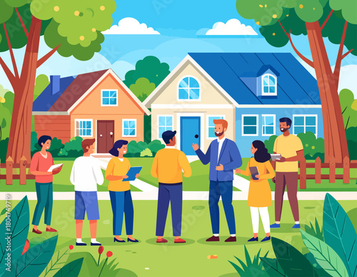 A real estate agent presents two houses to a group of diverse potential buyers in a suburban neighborhood setting.