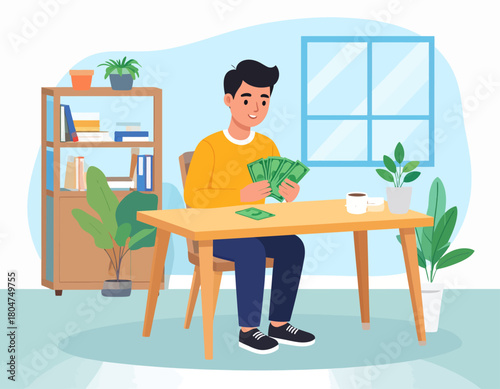 A young man sitting at a table, counting a stack of green money bills in a bright, indoor setting.