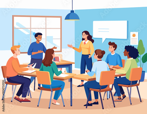 Group of diverse young professionals in a brightly lit office setting, collaborating around a table during a meeting, with two individuals presenting.