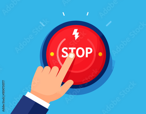 Hand presses a red stop button with a lightning bolt symbol on a blue background.