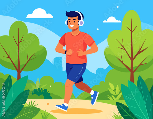 A smiling man is jogging on a path in a park, wearing headphones and athletic clothes, with trees and mountains in the background.