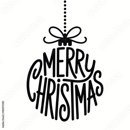 Merry christmas ornament with festive bow and hanging string