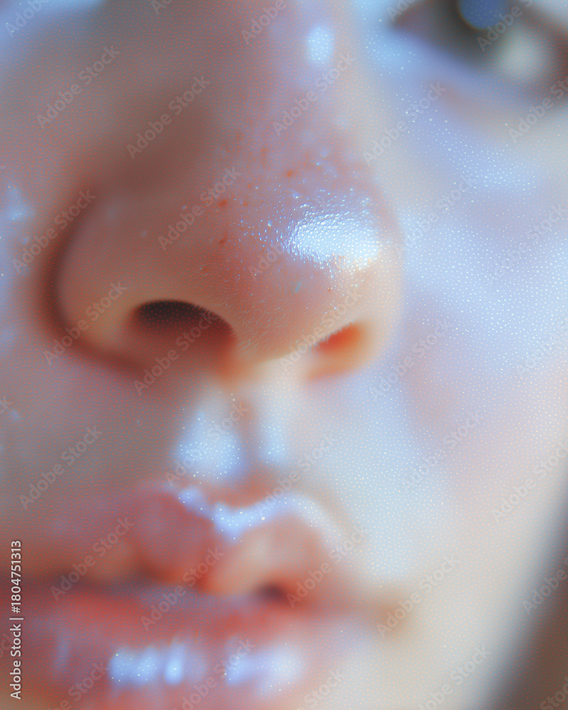 Fototapeta premium Dreamy, wide-angle beauty portrait of a woman with icy, shimmering makeup. The look features glossy lips and authentic skin texture, perfect for a winter holiday editorial or banner.