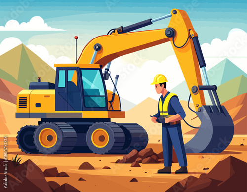 Cartoon illustration of a construction worker inspecting a yellow excavator in a desert landscape with mountains in the background.