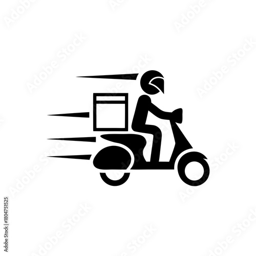 Delivery man riding scooter with package in black and white on transparent background