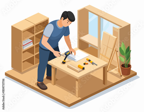 Isometric illustration of a man assembling furniture with a power drill in a room with a window and bookshelf.